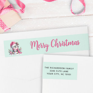 Bande Pour Adresse De Retour Mint et rose Joyeux Noël mignonne Penguin Adresse