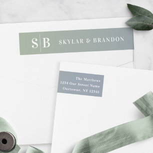 Bande Pour Adresse De Retour Moelleux Ombre Dusty Bleu & Mariage Vert Monogramm
