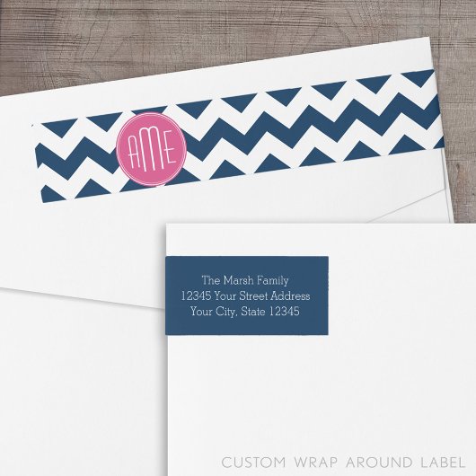 Bande Pour Adresse De Retour Motif Chevron avec Monogram - Navy Magenta