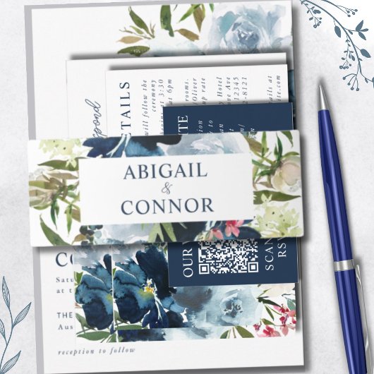 Bandeau De Faire-part Aquarelle florale élégante marine et bleu poussiér