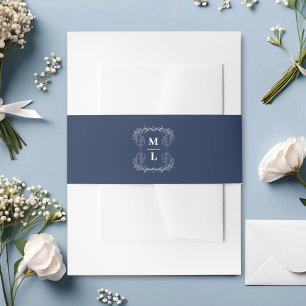 Bandeau De Faire-part Blason Botanique Mariage Monogramme Bleu Nuit et B