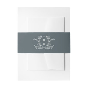 Bandeau De Faire-part Blason Floral Monogramme Bleu Poussiéreux Mariage 