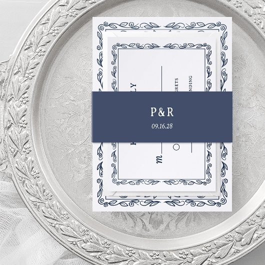 Bandeau De Faire-part Bleu Minuit | Monogramme Simple
