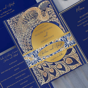 Bandeau De Faire-part Blue Gold Peacock Art Nouveau Mariage