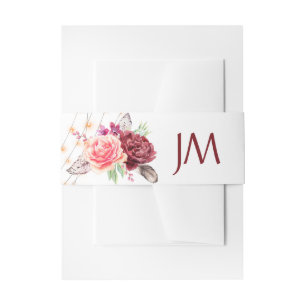 Bandeau De Faire-part Boho Roses plumes lumières Monogramme Mariage