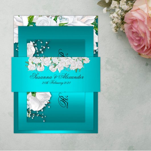 Bandeau De Faire-part Bouquet de Rose blanche sur Aqua Mariage
