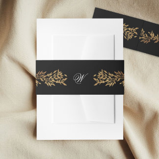 Bandeau De Faire-part cadre botanique monogrammé noir et or pour mariage
