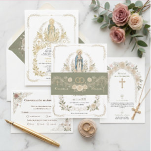 Bandeau De Faire-part Catholic Roses Anneaux de Mariage Rosaire Vert Sau
