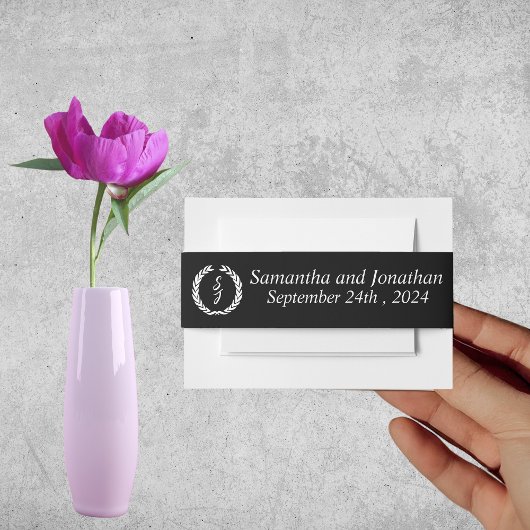 Bandeau De Faire-part Couronne de monogramme blanc sur mariage noir