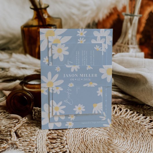Bandeau De Faire-part Dusty Blue Boho Daisy Flower Invitation Belly Band