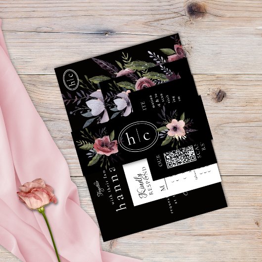 Bandeau De Faire-part Elégante Cascade florale foncée Noir Bourgogne