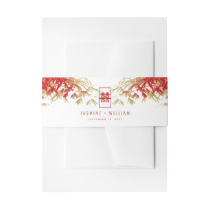 Bandeau De Faire-part Feuille bambou rouge/or Double Xi Mariage chinois
