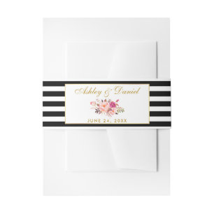 Bandeau De Faire-part Floral rose or noir blanc rayures Mariage