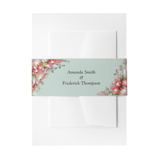 Bandeau De Faire-part Fuchsia Protea avec groupe d'enveloppes verte et o (Devant example)