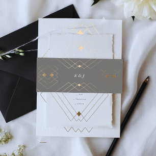 Bandeau De Faire-part Gold Diamond Gris Géométrique Mariage Gatsby