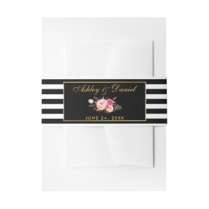 Bandeau De Faire-part Le noir rose floral d'or barre le mariage