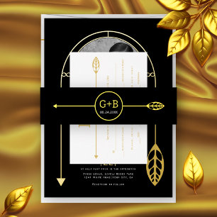 Bandeau De Faire-part Ligne dorée moderne avec mariage feuille et flèche