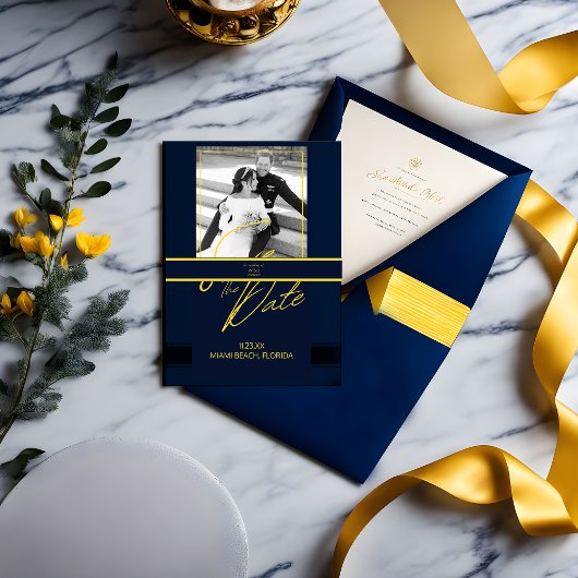 Bandeau De Faire-part Luxe Dark Blue et Gold Invitation Belly Band
