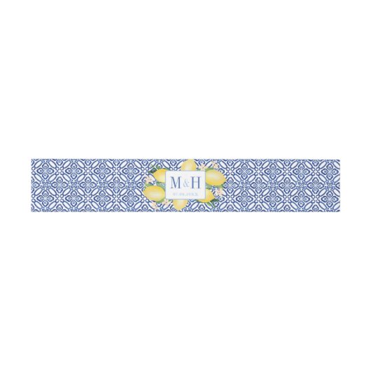 Bandeau De Faire-part Mariage Amalfi Lemons Bleu Carreaux blancs (Plat)