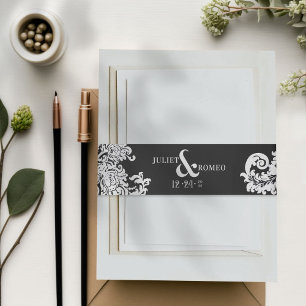 Bandeau De Faire-part Mariage damassé florale moderne noir & blanc éléga