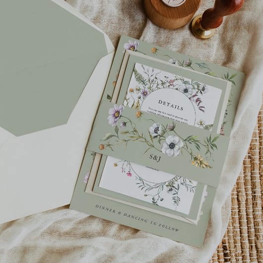 Bandeau De Faire-part Mariage de Monogramme vert doux Fleur sauvage bota