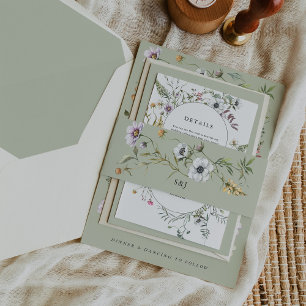 Bandeau De Faire-part Mariage de Monogramme vert doux Fleur sauvage bota