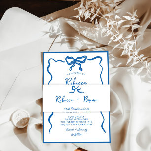 Bandeau De Faire-part Mariage d'esquisse de ruban à ruban à main bleue