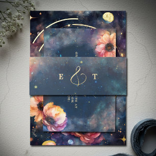 Bandeau De Faire-part Mariage Fleur Galaxie Céleste Nuit Étoilée Bleue