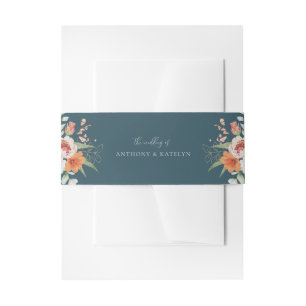 Bandeau De Faire-part Mariage Floral Printanier Orange et Bleu Canard pê