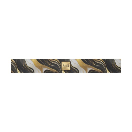 Bandeau De Faire-part Mariage marbré Monogram Faux Gold, noir & blanc (Plat)