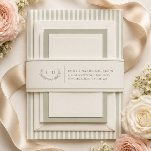 Bandeau De Faire-part Mariage Monogrammé à Rayures Vert Sauge