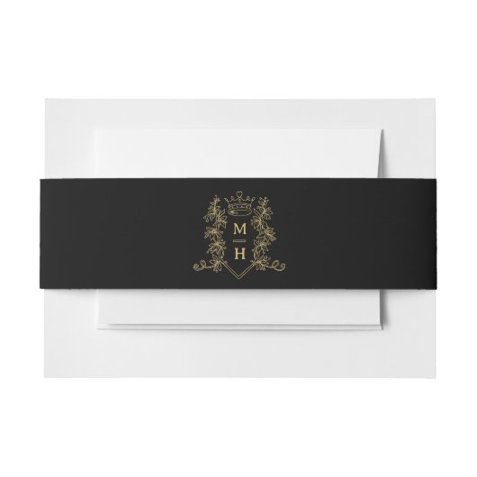 Bandeau De Faire-part Mariage noir monogramme de couronne de coeur d'or (Devant Example)