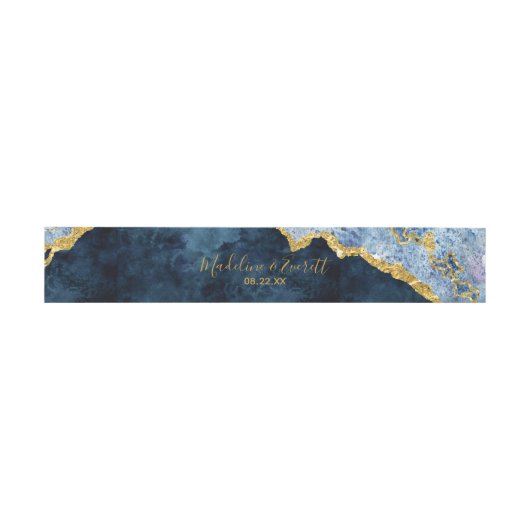 Bandeau De Faire-part Marine Blue Gold Foil Agate Marbre Mariage Monogra (Plat)