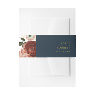 Bandeau De Faire-part Marsala Autumn Floral Navy Invitation Belly Band