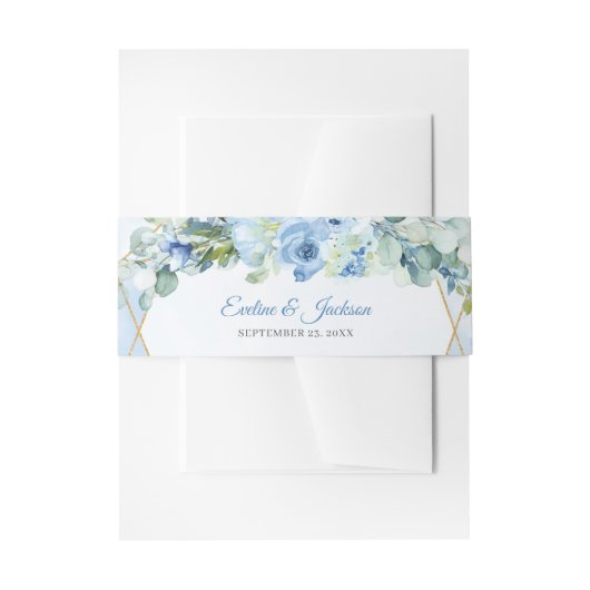 Bandeau De Faire-part Moderne pastel bleu fleurs cadre or eucalyptus (Devant example)