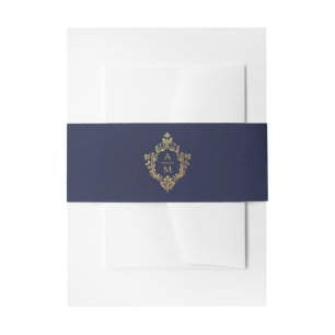 Bandeau De Faire-part Monogramme Marine Bleu Faux Or Élégante crête Vint