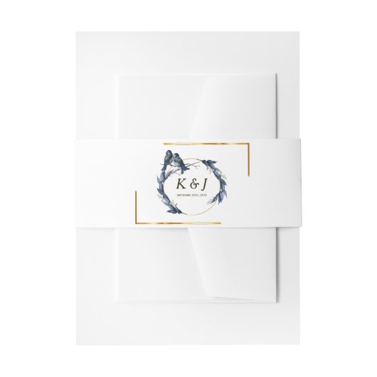 Bandeau De Faire-part Oiseaux bleus sur une branche cadre or Mariage flo (Devant example)