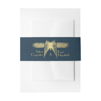 Bandeau De Faire-part Papillon Art Déco Monogramme Mariage bleu et or
