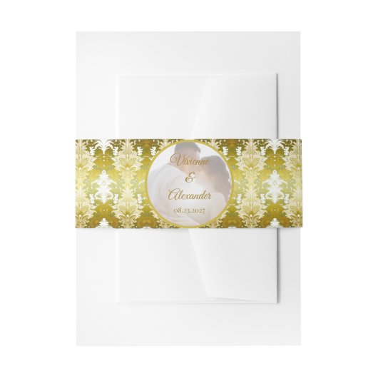 Bandeau De Faire-part Photo Retro Gold Green Mariage damassé (Devant example)