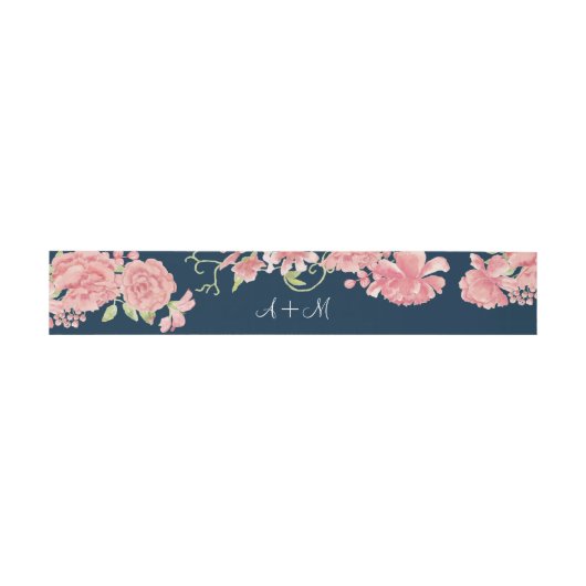 Bandeau De Faire-part Pies rose marine bleu floral monogrammed mariage (Plat)