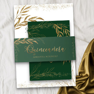 Bandeau De Faire-part Quinze ans d'émeraude vert feuille d'or et confett