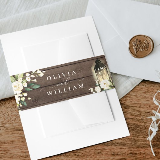 Bandeau De Faire-part Roses blanches Lanterne Mariage en bois rustique