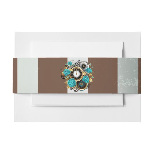 Bandeau De Faire-part Steampunk Clock and Turquoise Roses on Striped (Devant Example)