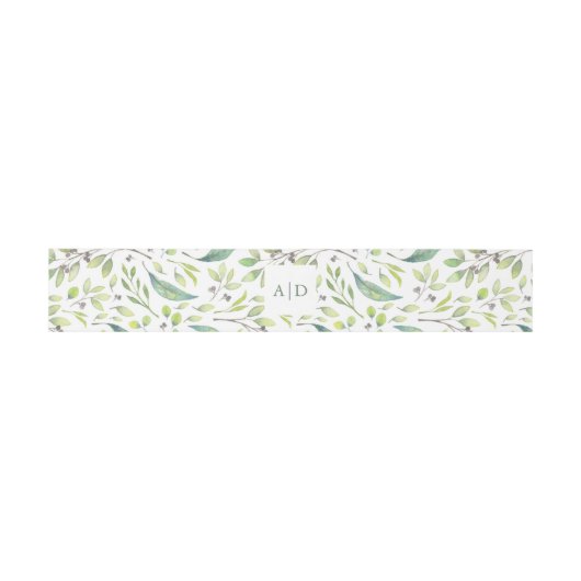 Bandeau De Faire-part Vert feuilles | Monogrammes Mariage Aquarelle tend (Plat)