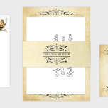 Bandeau De Faire-part Vintage Rustic Black Flourish Mariage<br><div class="desc">Les bandes de faire-part de mariage sont ornées d'un élégant monogramme noir des noms Bride et Groom avec un cadre décoratif. L'arrière - plan d'ivoire rustique est imprimé avec une texture de papier parchemin vieilli.</div>