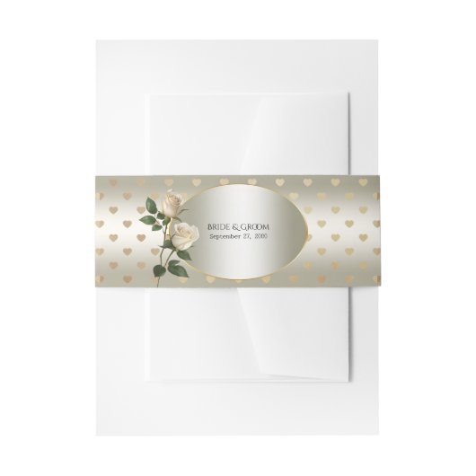 Bandeau De Faire-part White Roses Gold Hearts Invitation Bande de ventre (Devant example)