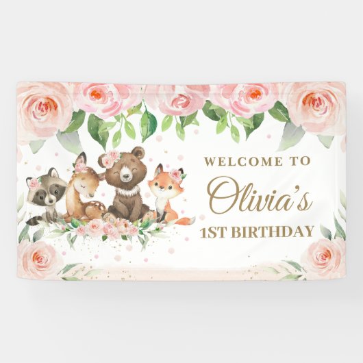Banderole en bois mignon Animaux en fleurs rose (Horizontal)