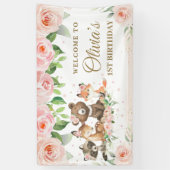 Banderole en bois mignon Animaux en fleurs rose (Vertical)