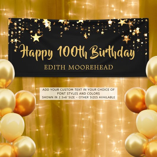 Banderoles 100e anniversaire Brush Script Black Gold Stars