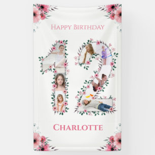 Banderoles 12e anniversaire Photo Collage Fille Fleur Rose Bl